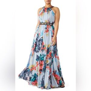 Badgley Mischka Light Blue Floral Maxi Dress with Black Trim
